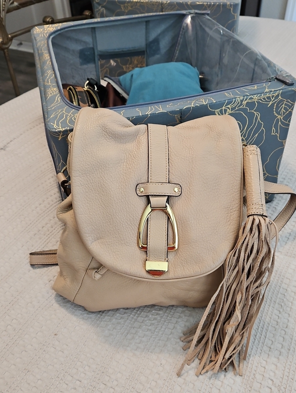 G.I.L.I. Beige Leather Tassel Backpack with Gold Hardware